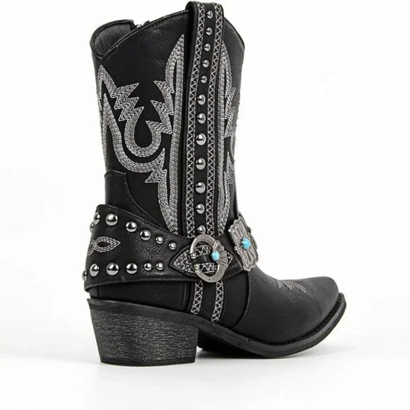 Women's Black Ankle High Embroidery Pointed Toe Cowgirl Boots Rodeo Country - Picture 4 of 4